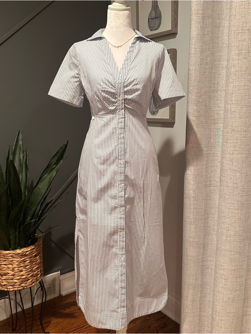 Old Navy White and Blue Striped Button Midi Dress